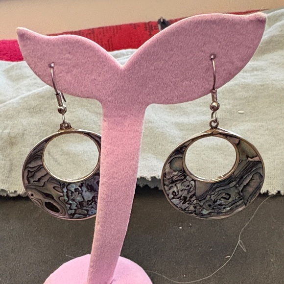 Vintage Alpaca Silver Mother Of Pearl Hoop Drop Earrings - Picture 2 of 8